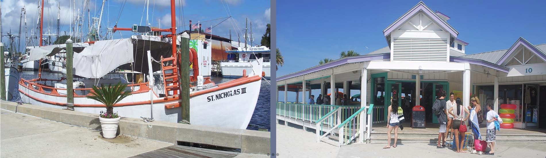 picture of boat on left and people outside a beach restaurant